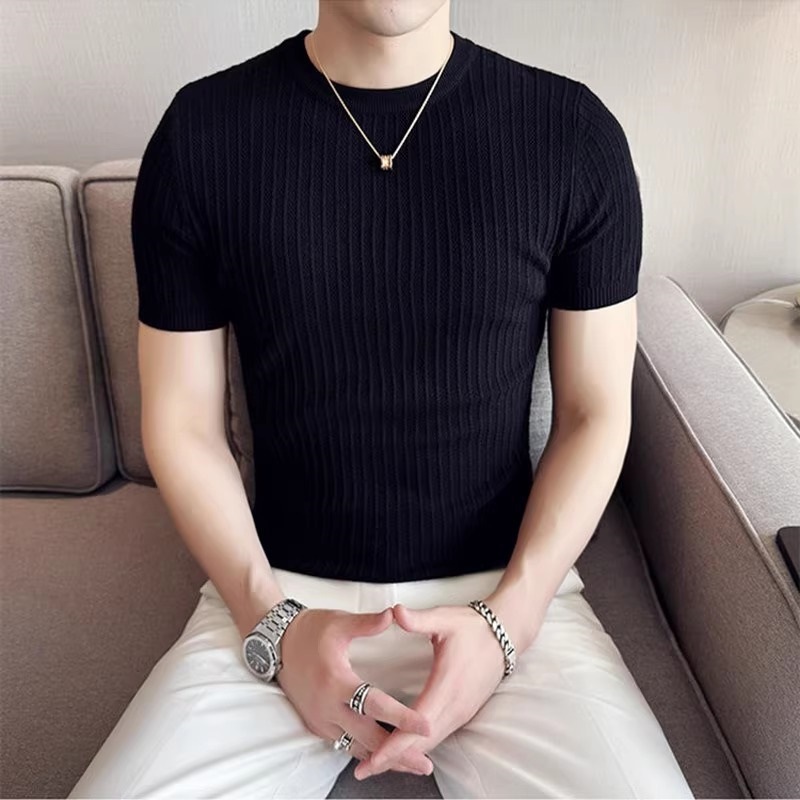 痞帅气修身针织短袖t恤男潮圆领纯色肌理条纹轻奢半袖打底衫男