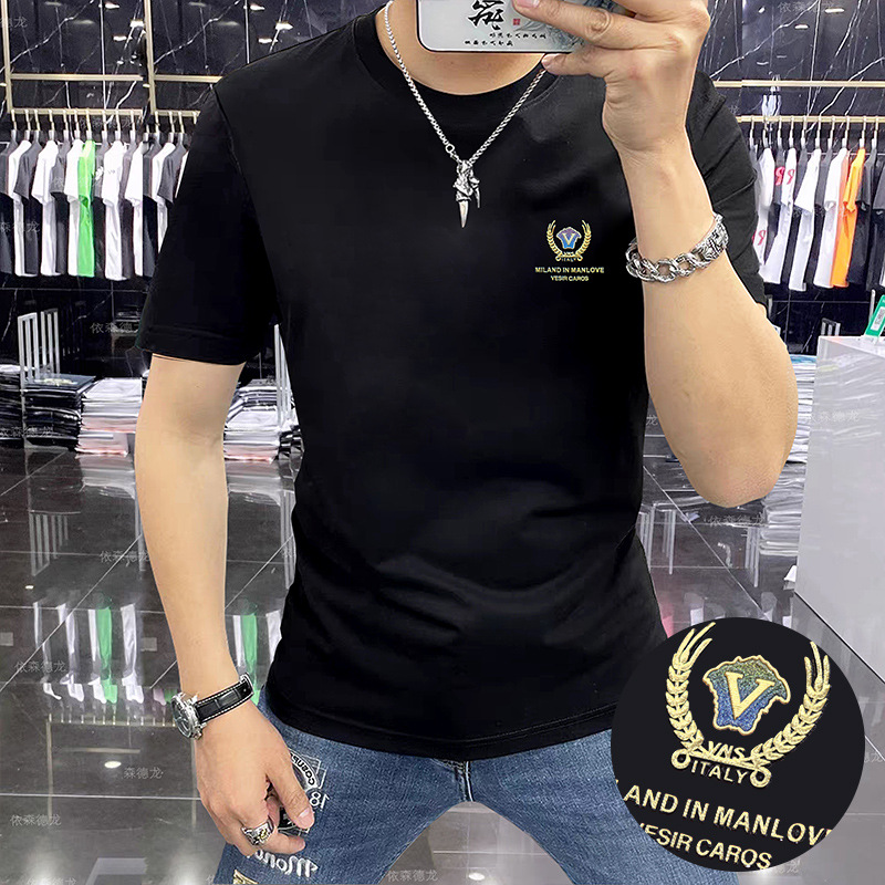 新款轻奢修身t恤圆领2025年夏季男士丝光棉短袖帅气潮流字母时尚
