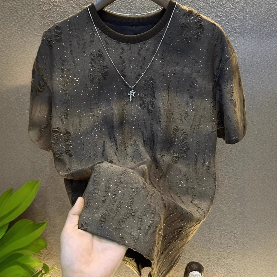 夏季新款上衣满天星短袖T恤时尚男装短袖美式潮牌休闲款修身上衣