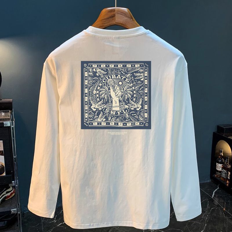 轻奢重磅纯棉长袖T恤男装春秋新款圆领潮牌ins体恤宽松上衣打底衫