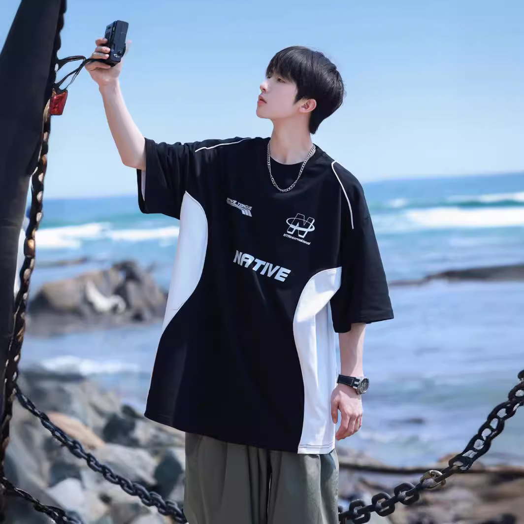 美式复古机车t恤潮牌欧美高街赛车风拼接短袖情侣重磅衣服男5分袖