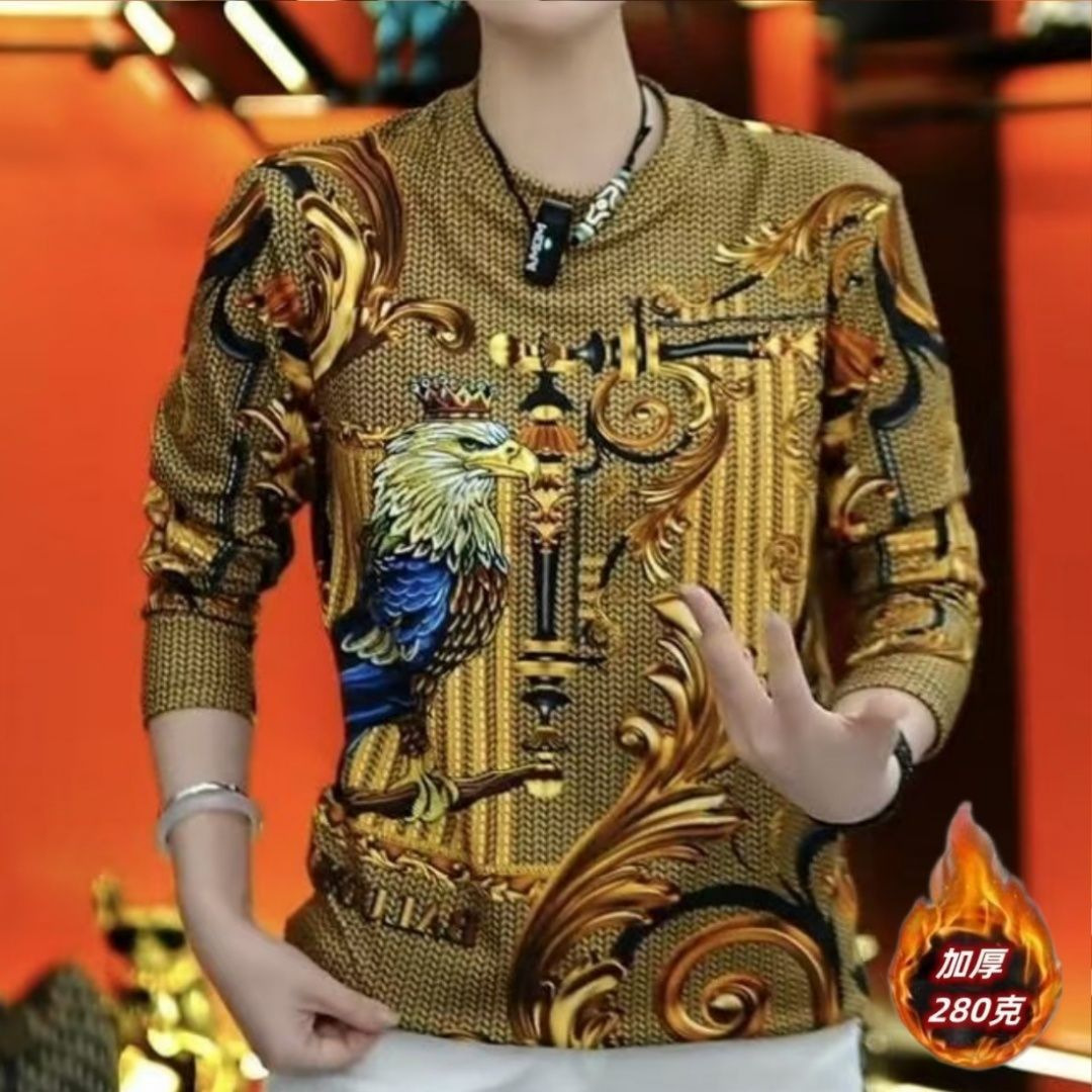 【加厚爆款】新款皇冠雄鹰卫衣男士长袖打底衫仿针织轻奢秋冬款