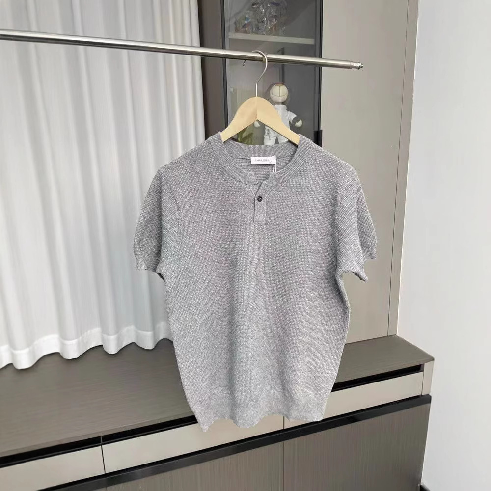 亨利领针织冰丝短袖男士潮流高级感t恤打底衫轻奢男装衣服体恤男