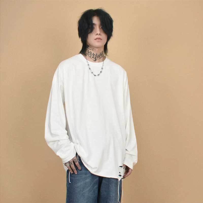 春秋季水洗纯色下摆割破洞高街潮流百搭基础体恤长袖新款学生韩式