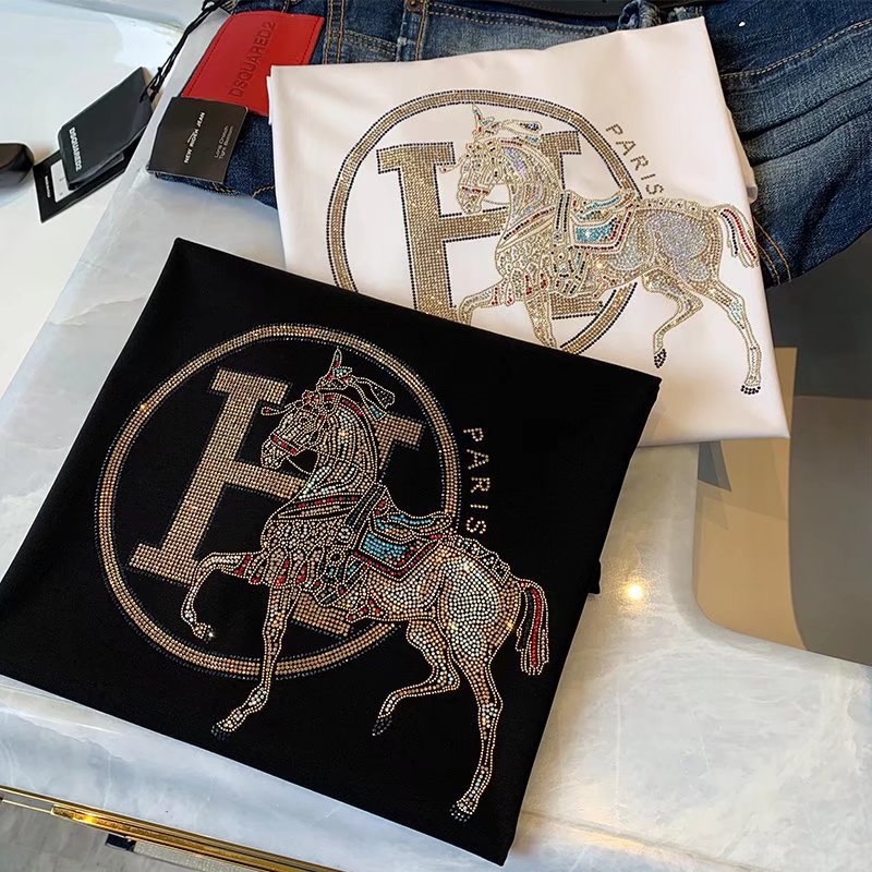 欧洲站2022夏季新款短袖男T恤烫钻金色H马薄款凉爽丝光棉低调奢华