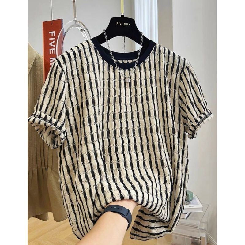 高端轻奢男士休闲圆领正肩短袖夏季韩版小众镂空半袖T恤薄款上衣