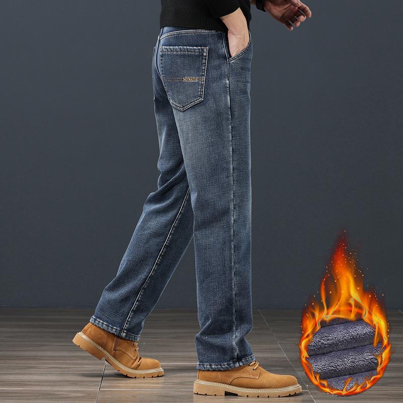 秋冬牛仔裤男宽松大码直筒轻奢弹力九分裤中年男士加绒保暖长裤子