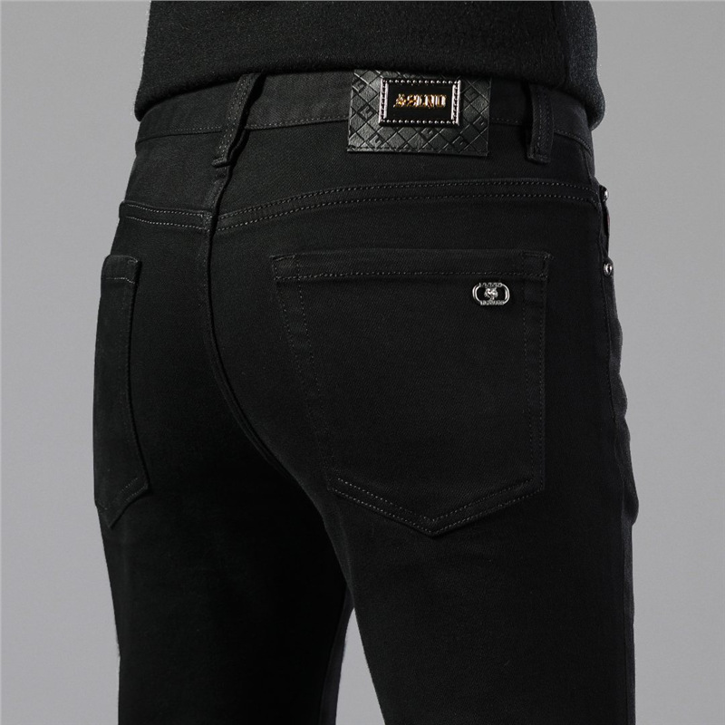 时尚牛仔裤男黑色百搭轻奢高端欧货潮牌修身小脚男裤【春季厚款】